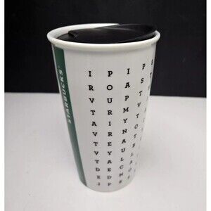 Starbucks White Word Search Alphabet Crossword Ceramic Mug Travel w/ Lid 2016